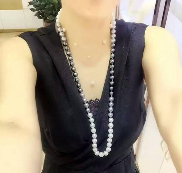 

new fine pearl jewelry 9-10 mm natural sout sea multi-color pearl necklace 32 " 925 silver