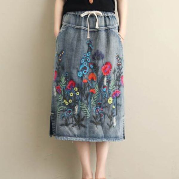 

big size women froal embroidery denim maxi skirt 2020 summer elastic waist streetwear jean pencil skirts saia femme aq658, Black