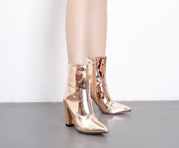 

новые краски кожа глянцевый средний сапоги сексуальный указал 9cm толстых высокой пятки моды женских сапог золотых qs999-2, Black