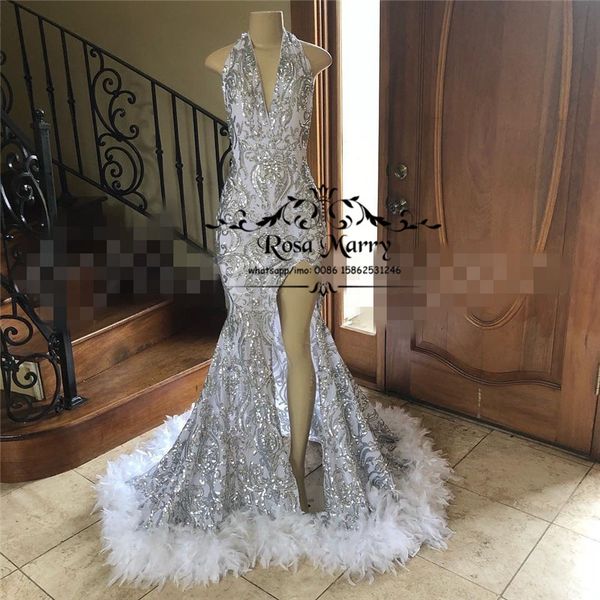 

sexy backless пера mermaid платья выпускного вечера 2020 холтер sequined high split плюс размер черные девушки african 2k20 формальное выпус, Black