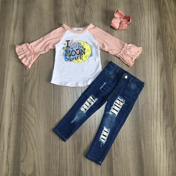 

baby girl clothes girls v-day outfit girls moon with holed jean boutique clothes with bow, White