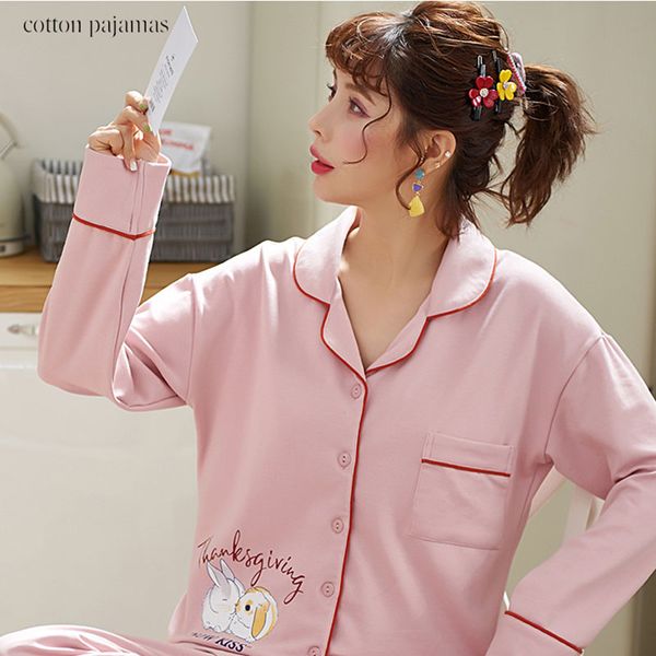 

women pyjama set long sleeved autumn home furnishing serve suit pure cotton pijamas full pant printed casual -3xl nightgt, Black;red