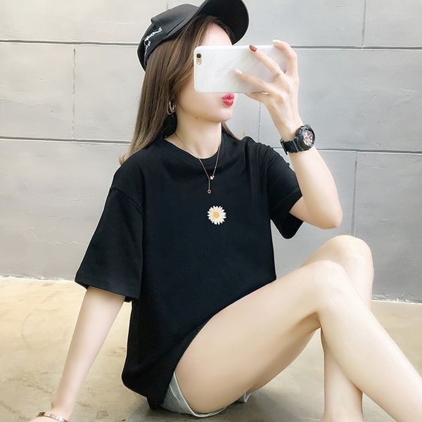 

large size women's 2020 super fire little coat t-shirt daisy pattern loose slim short-sleeved t-shirt women, White