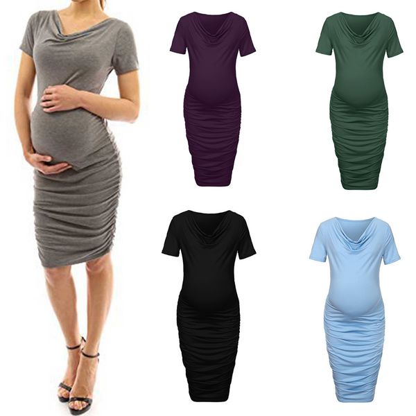 

women wraped ruched maternity pregnant solid cowl neck short sleeve short dress ropa maternidad vestido embarazada dropshipping, White