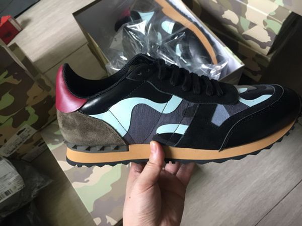 

new stud camouflage sneakers star footwear men women genuine leat flats designer shoe rockrunner trainers casual shoes with box big size, Black
