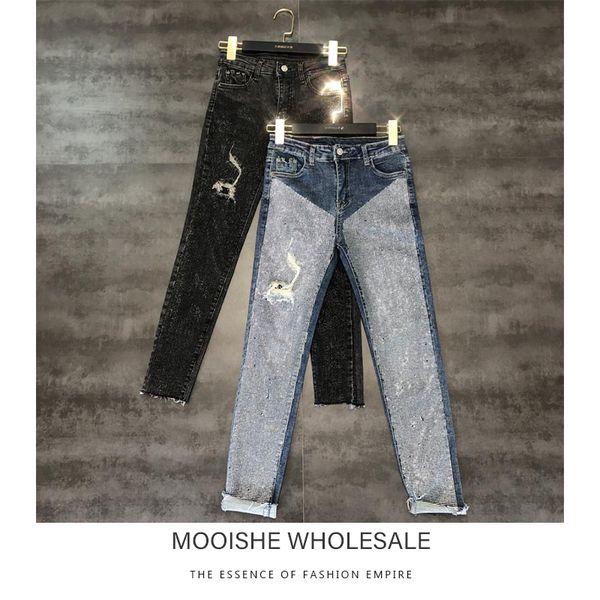 

2019 autumn new full-leg rhinestone drilling shiny slim pull-up pencil pants jeans female tide, Blue