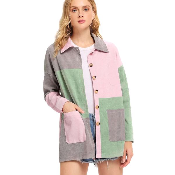 

high autumn women jacket corduroy coat long sleeve plaid patchwork pockets casual outwear dsm, Black;brown