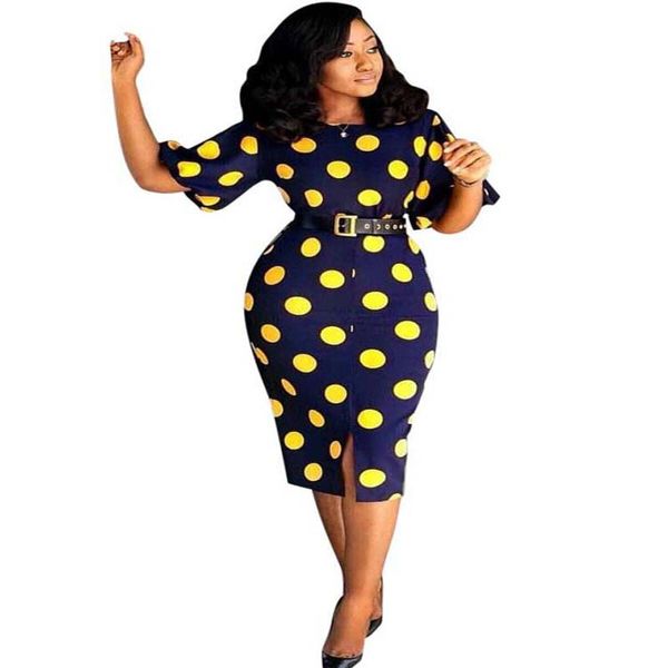 

african clothes polka dot dress women elegant vintage o-neck bandage bodycon pencil dress robe 2019 new spring boho beach party, Red