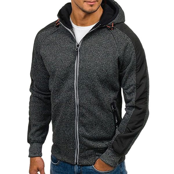 

men fashion hip hop pockets zip up splice hooded sweatshirt casual long sleeve knitted sport sweatshirt coat outwear jacket, Black
