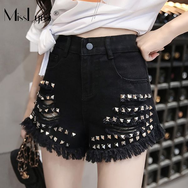 

xl-5xl plus size ripped jeans for women clothes summer 2019 streetwear fashion high waist hole rivet denim shorts tassel, Blue