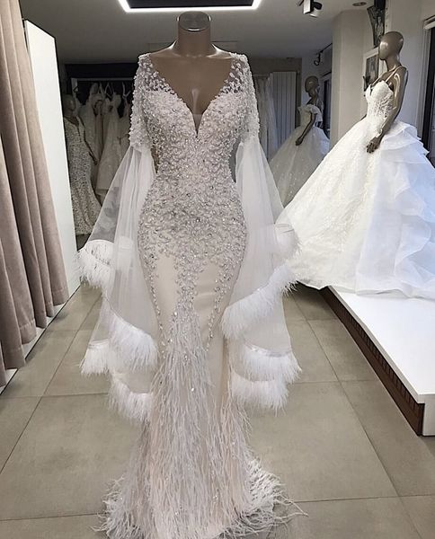 

2019 luxury feather wedding dresses v neck lace beads crystal sweep train mermaid wedding dress custom plus size country beach bridal gowns, White