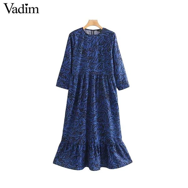 

vadim women vintage animal pattern midi dress o neck long sleeve female casual chic blue straight dresses qc867, Black;gray