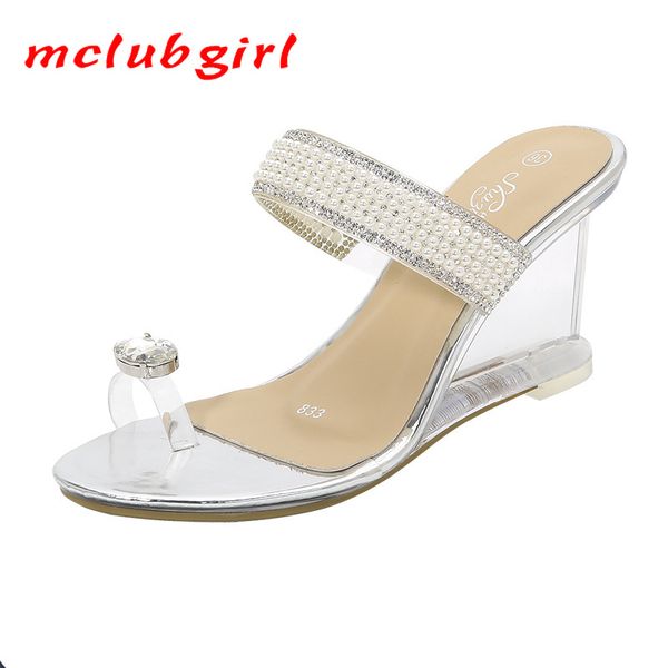 

mclubgirl 2020 pearl slope heel new crystal transparent high heels glass rhinestone slope heel sandals female lfd, Black