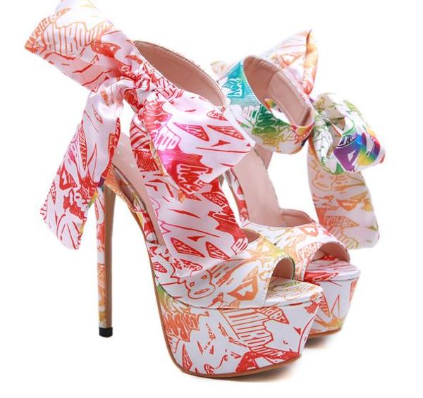 

15cm adorable bowtie floral printed ultra high heels luxury women designer shoes size 35 to 40 cs7, Black