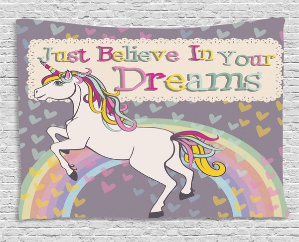 

feminine tapestry, unicorn figure with believe in your dreams inspiring illustration, wall hanging for bedroom