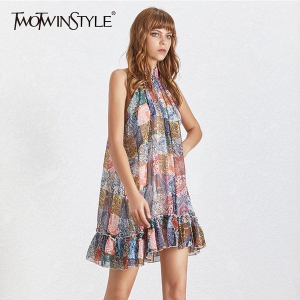 

twotwinstyle vintage summer stand collar women's dress off shoulder sleeveless high waist 2019 a line dresses female fashion new, Black;gray