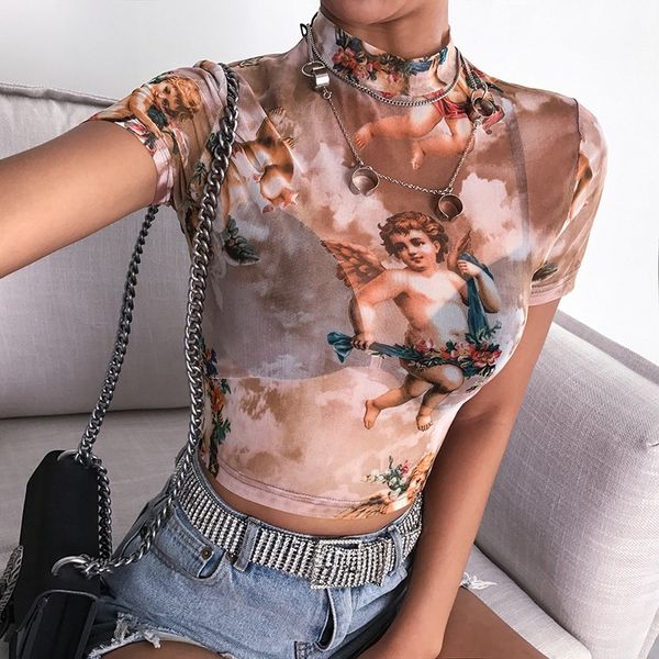 

Februaryfrost Women See-through Mesh Fishnet T-Shirt Crop Tops Angel Printed Top Fashion Summer Autumn Party Club Wear