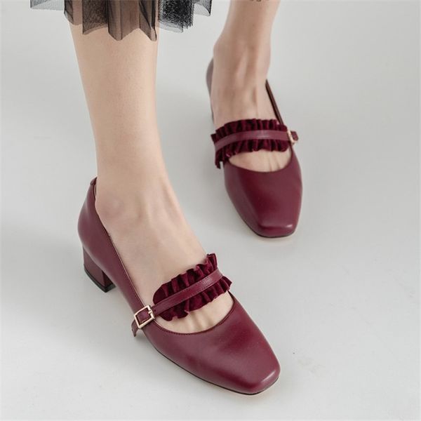 

pxelena women pumps genuine leather square toe ruffles mary janes shoes chunky block med heels dress shoes lady sweet 2019 brand, Black