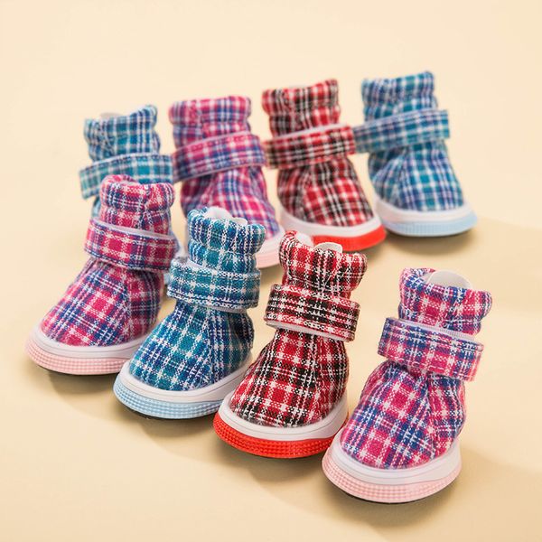 

plaid warm dog shoes waterproof non-slip pet shoes for small puppies breeds cat autumn and winter snow boot accessories 4pcs/lot