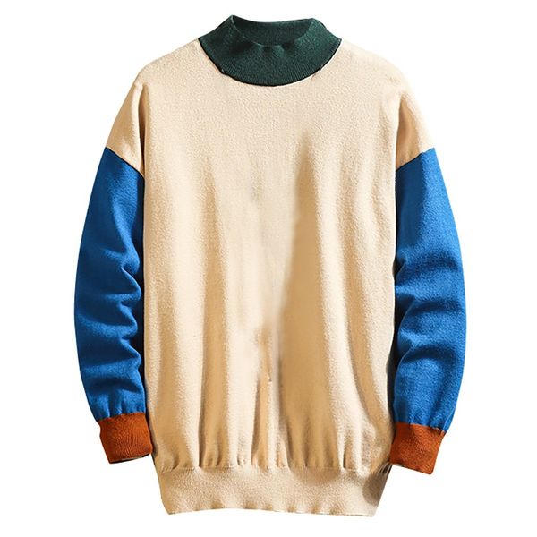 

2019 knitted sweater men's casual color collision patchwork o-neck long sleeve knitted sweater autumn winter clothing, White;black
