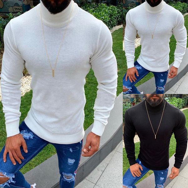 

new men's 2019 autumn winter casual slim fit pullover stretch sweaters knitted turtleneck thermal basic designed solid sweater, White;black