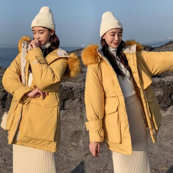 

thick warm parkas jacket women winter jacket coat fur collar hooded cotton padded medium long female overcoat outerwear, Black