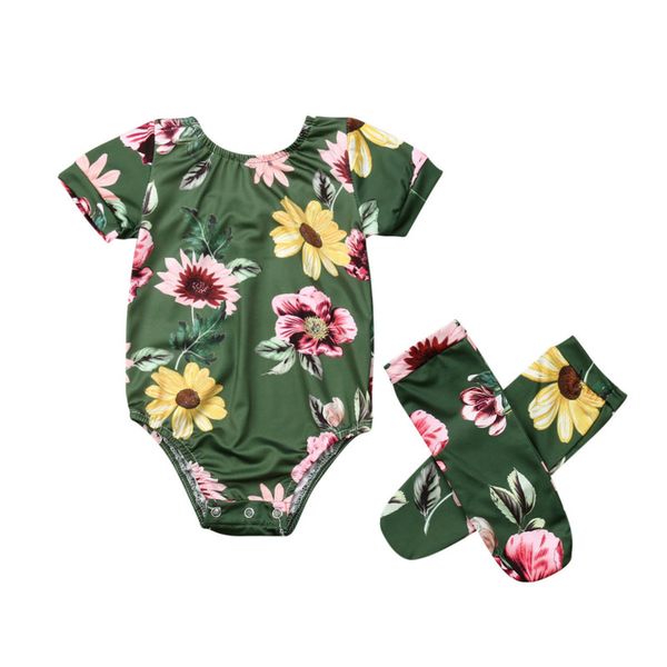 

summer infant baby bibs kids girl children floral tightness lovely colorful bodysuit jumpsuit outfit clothes+green socks set, Blue