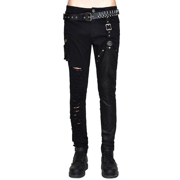 

2019 men's holes slim fit pants with pocket punk rock buckle pencil pants zippers black casual trousers s-xxxl