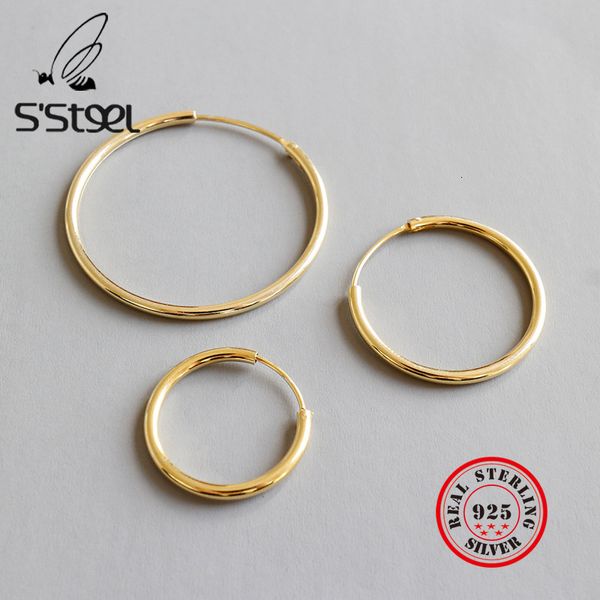 

s'steel circle loop 3 size real silver minimalist hoop earrings kolczyki srebrne 925 pendientes dorados mujer bijoux femme 2019, Golden;silver