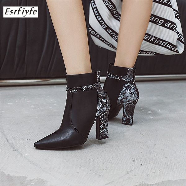 

esrfiyfe 2020 new women zipper boots snake print ankle boots square heel fashion pointed toe ladies shoes, Black