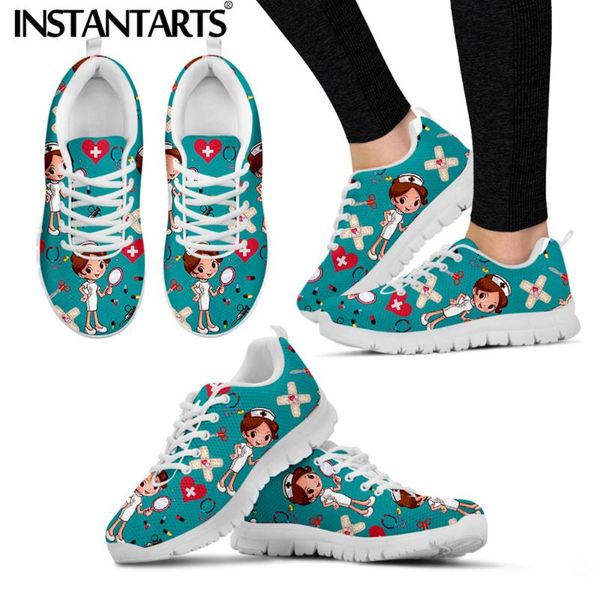 

instantarts nursing shoes blue cartoon nurse print woman's flats shoes breath lace up sneakers medical heart ladies mujer, Black