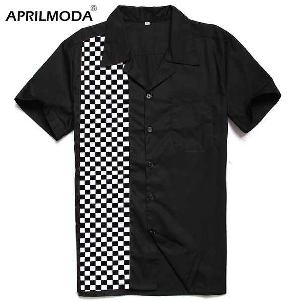 

1950s mosaic printed men's cotton casual shirt black white tartan plaid panel cowboy hip hop rockabilly shirts camisa masculina, White;black