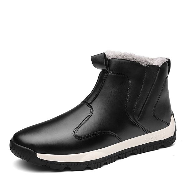

plus size men snow boots pu leather man casual ankle boots high slip-on male shoes cotton plush footwear 789, Black