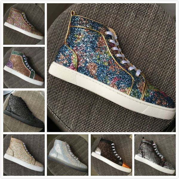 

Новый бренд Red Bottom Glitter High Top Квартиры обувь для мужчин, женщин с блестками Любители вечеринок из натуральной кожи повседневная кроссовки 35-47 Бесплатная доставка