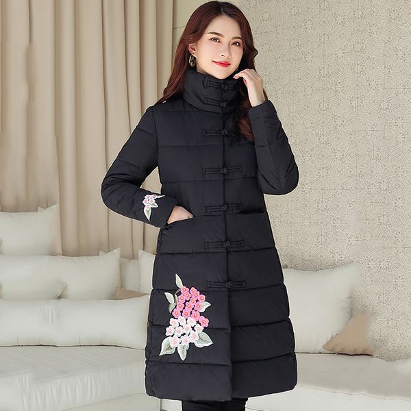 

2019 new design winter jacket women chinese style stand collar with embroidery female long parka padded warm coat, Black