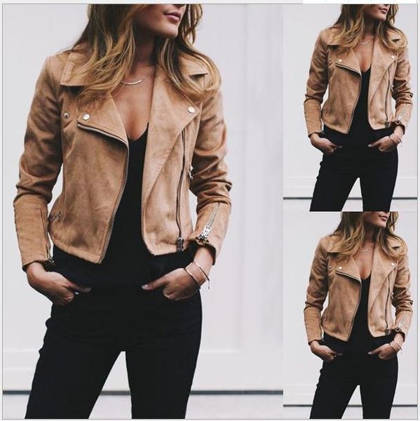 

autumn women lapel neck jackets fashion zipper fly coats casual solid color women outerwear with button, Black;brown