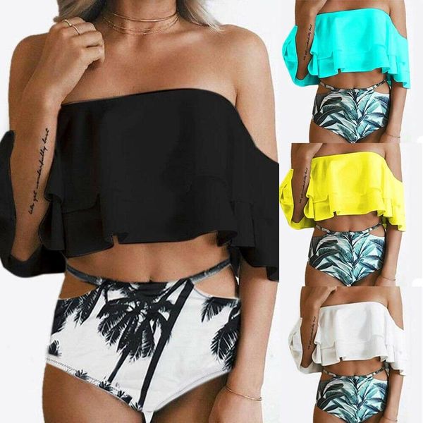 

women casual off the shoulder ruffle pleated swimsuit push up bikini set beachwear strapless swimwear