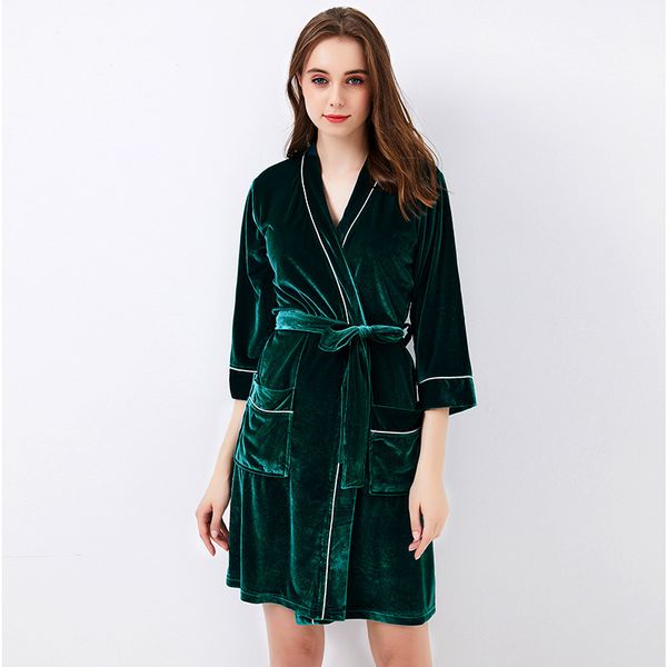 

new autumn green female velour bath robe women nightgown loungewear soft home dress plus size velvet kimono kaftan s014-f, Black;red