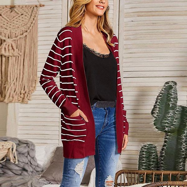 

new women knitted outerwear long sleeve stripes sweater female casual v-neck cardigan sweater with pockets, White