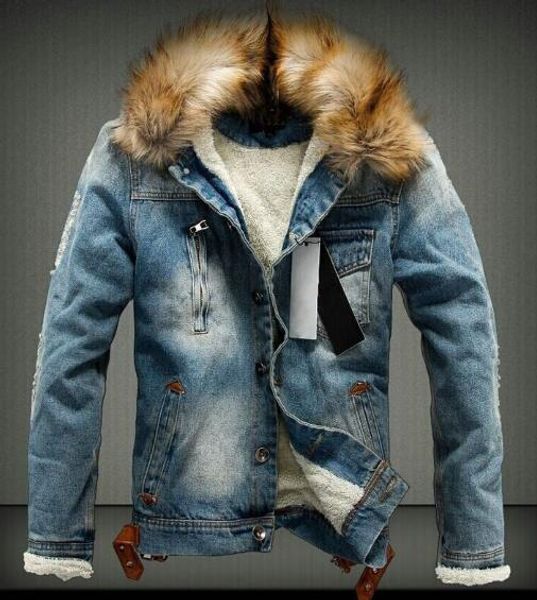 

new men's clothing denim jacket with fur collar retro ripped fleece jeans jacket and coat for autumn winter, Black;brown
