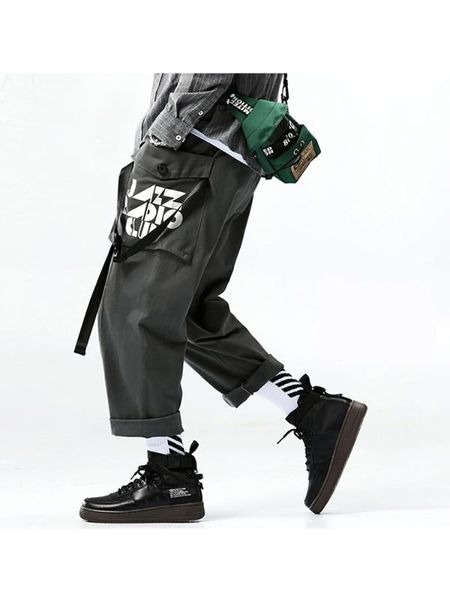 

autumn cropped pants middle waist cargo pants men casual punk loose fashion streetwear hip hop male trousers plus size, Black