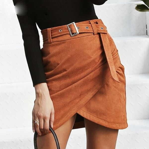 

waist high suede leather skirts autumn winter belt ruched bodycon skirt women asymmetric short skirts female, Black
