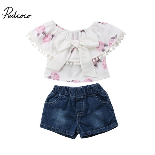 

2018 brand new toddler infant child kids baby girl floral tassel denim shorts pants jeans summer 2pcs sets outfits sunsuit, White