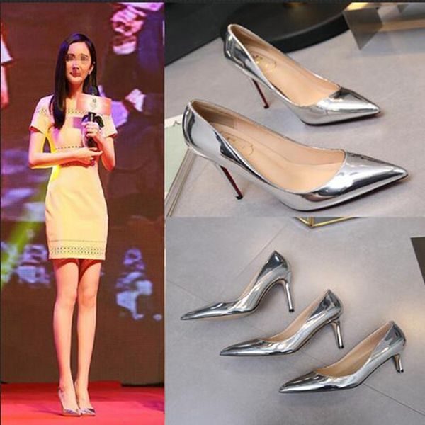

tide 2019 season silver sharp high-heeled shoes woman fine with 10cm golden wedding shoes, Black