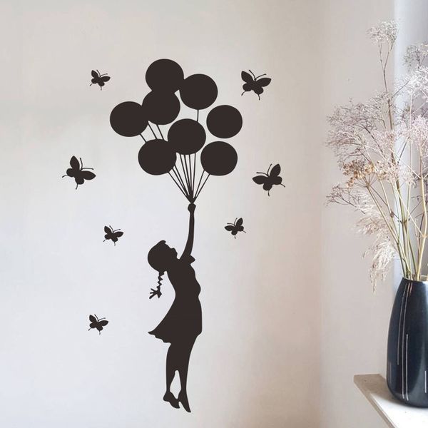 Grosshandel Black Butterfly Ballon Madchen Wandaufkleber Diy Vinyl Removable Banksy Wall Art Murals Madchen Raum Wand Aufkleber Fur Wohnkultur Von
