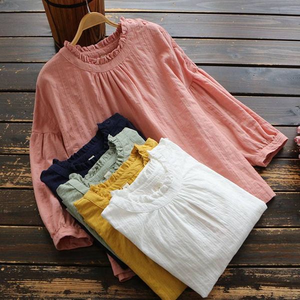 

mferlier elegant ladies ruffles collar three quarter sleeve solid white yellow blue green simple female chic casual