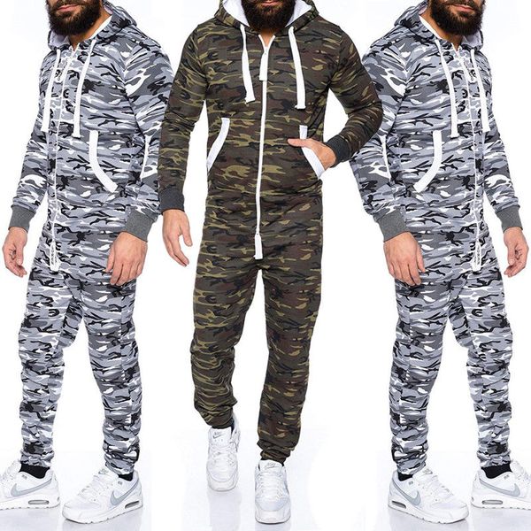

2019 new style fashion men's camouflage patchwork cotton  hooded jumpsuit with hat with pocket, Gray