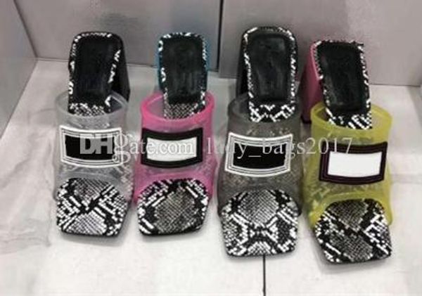 

luxury jelly designer slippers pvc transparent slipper high heel 9cm 12cm sandals slides upper leather contrast color serpentine shoes, Black