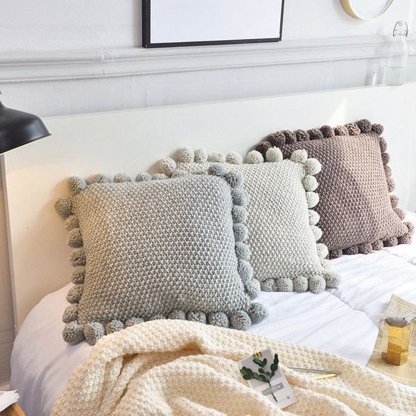 

18" acrylic knitted square decorative cushion cover cute plush ball sofa bed room textile child lover beauty home decor