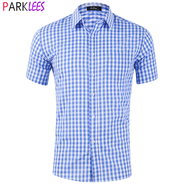 

classic gingham plaid shirts men 2020 short sleeve regular fit mens checkered shirt business office formal male casual shirt 2xl, White;black